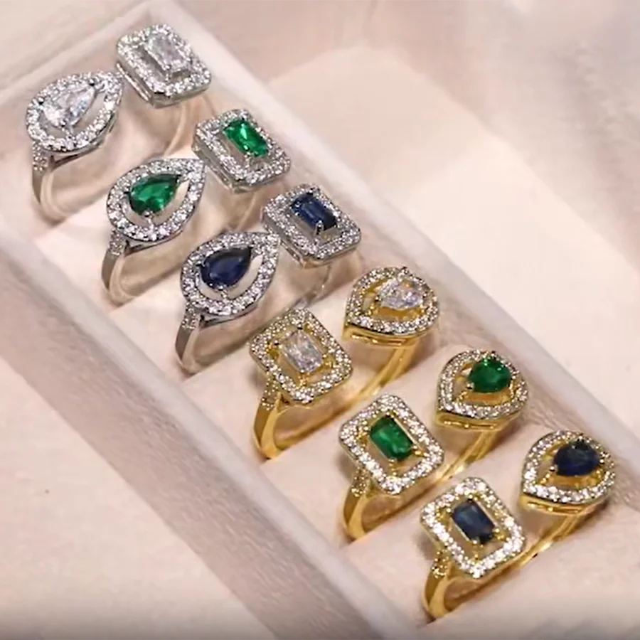 CAOSHI Silver Gold Coating Bling CZ Ring Water Drop and Rectangle Cut Women White Green Blue Stone Adjustable Ring