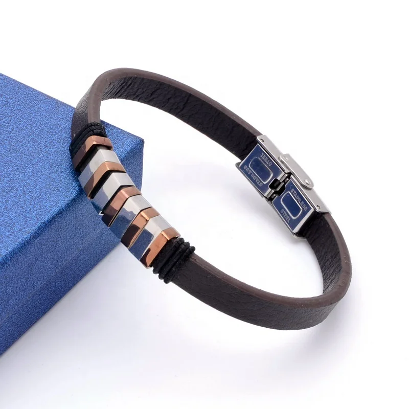 Stainless Steel Two Color Square Beads Black Leather Fret Men Bracelet 2020