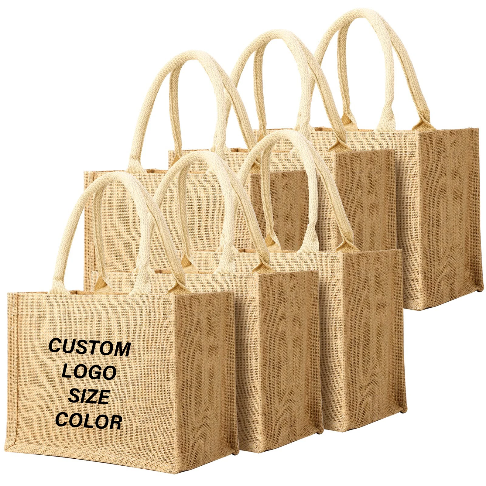 High Quality Custom Logo Handmade Burlap Jute Gunny Tote Bags with Rattan Wood Handle