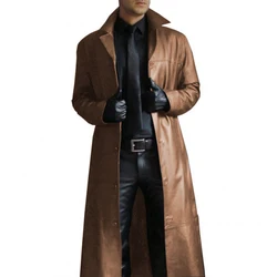 Trendy Fashion Solid Color Leather Windproof Long Trench Coat Windbreaker Jacket For Men