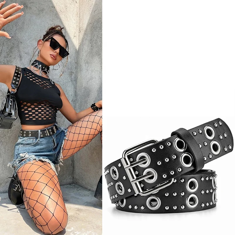 2022 Punk Style Rivet PU Leather Belt Personality Hip Pop Jeans Hollow Waist Belts for Women