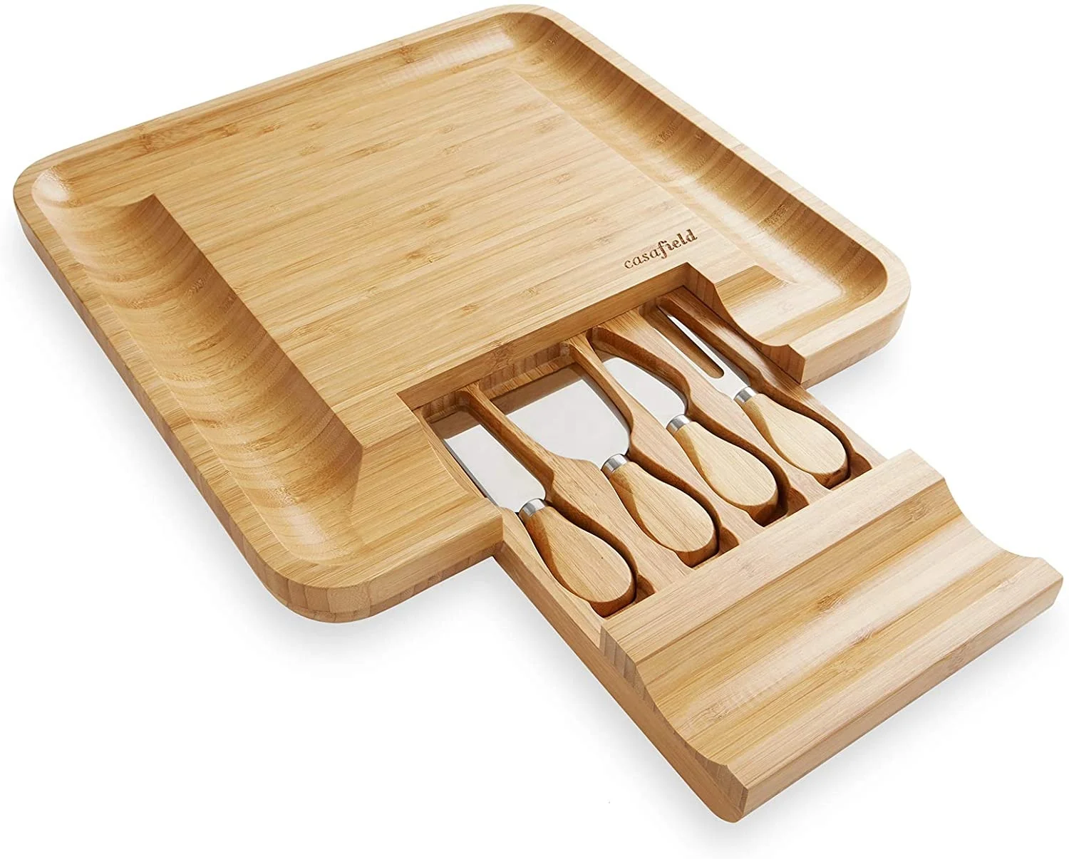 
Bamboo Cheese Board Set With Cutlery In Slide-Out Drawer Including 4 Stainless Steel Serving Utensils 