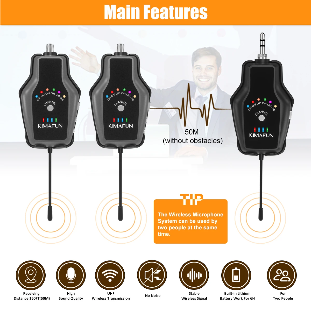 KIMAFUN KM-U307B-2 wireless dual microphone system with dual lavalier mic for live stream interview recording