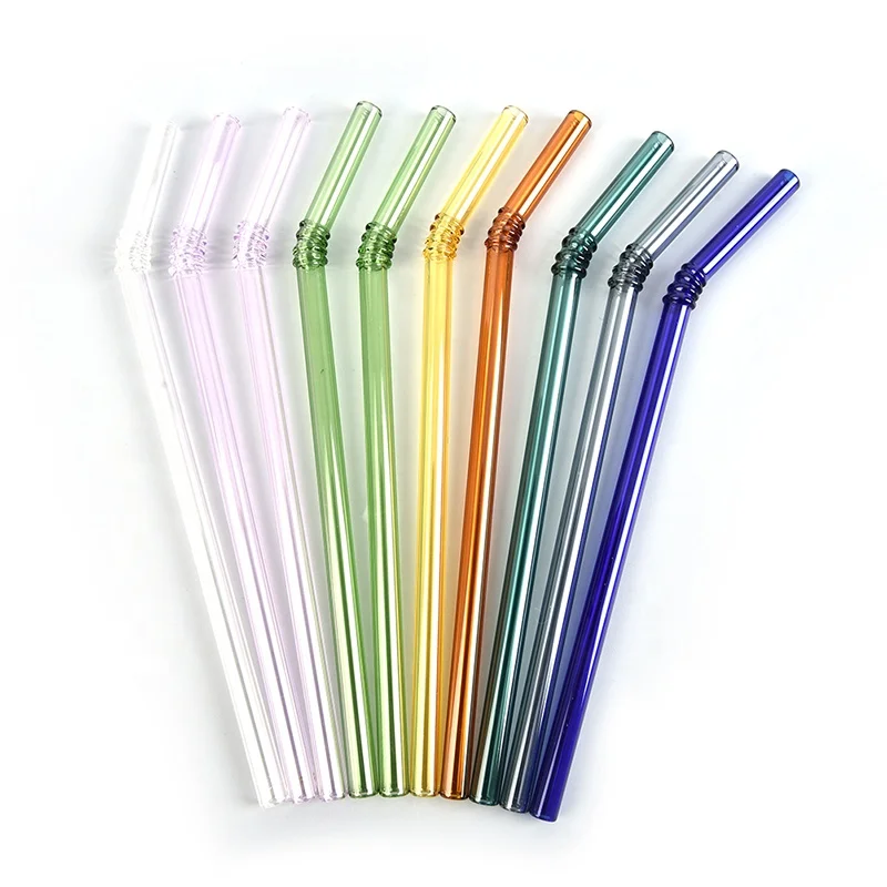 High Quality Reusable Crystal Bent Clear Glass Straw set Drinking Straws For Birthday Party Bar Gift