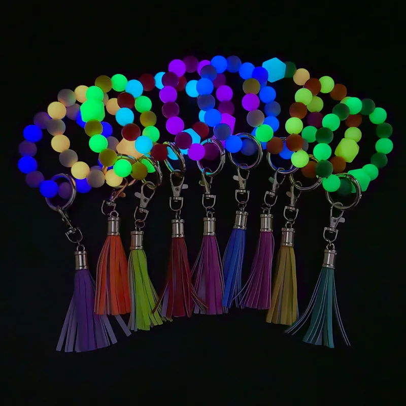 2022 New Gradient Color Silicone Beads Bracelet Bangle Keychain For Women Tie Dye Fluorescent Key Ring Nightclub Wrist Keychain