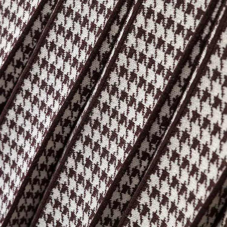 Knitwear manufacturers custom thousand bird grid pattern high waist slim oversize korean fashion knitted pleated mini skirt set