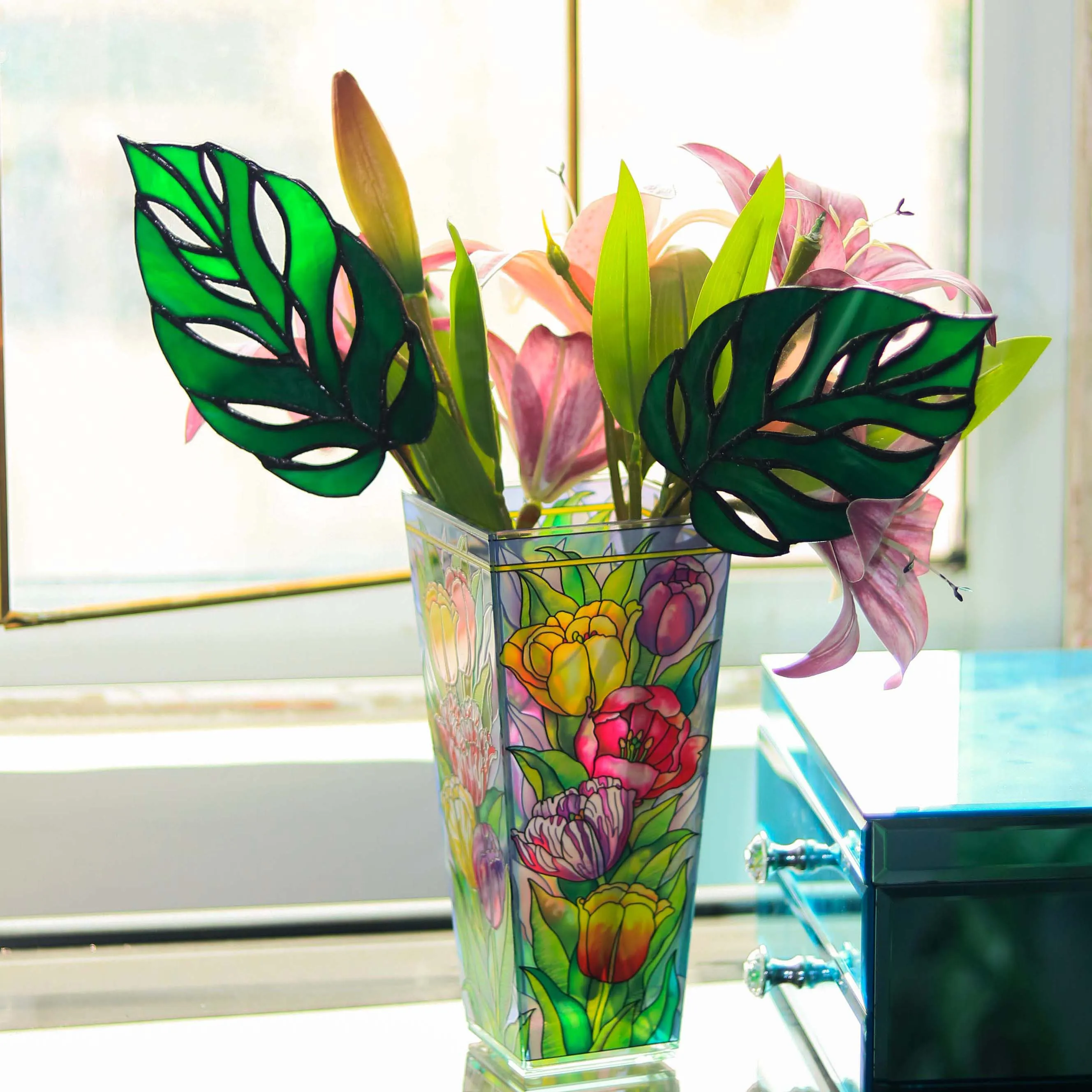 Monstera Leaves Stained Glass Home Table Desk Plant Decor Garden Plant Window Wall Art Mothers Gift Window Cling