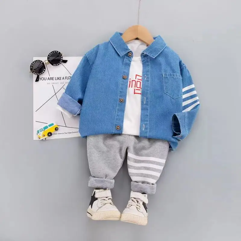 Wholesale jean stripe spring autumn boy denim shirts pants 2 pieces suit