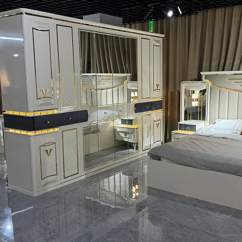 Modern high gloss bed room furniture gold luxury queen king size solid wood turkey master bedroom set