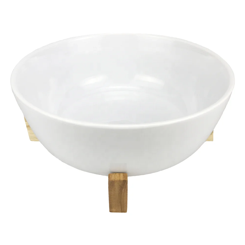 Fruit Ceramic Pasta Large Round Bowls Ceramic Salad Mixing Bowl With Acacia Stand
