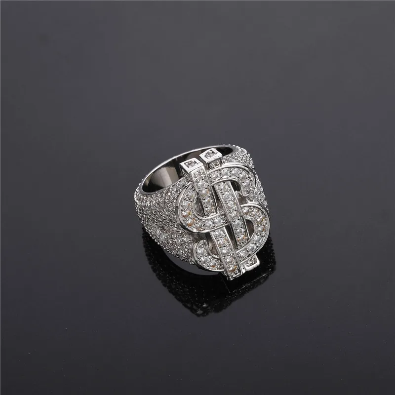 HIP Hop Classic Full Zircon CZ US Dollar Sign Ring Gold Silver Color Iced Out Charm Ring For Men Women Jewelry Size 8-10