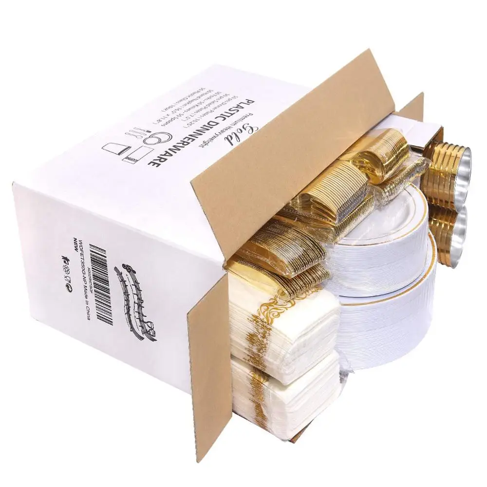 Gold Plastic Plates with Disposable Cutlery, Cups, Napkins Dinnerware sets for Wedding Parties