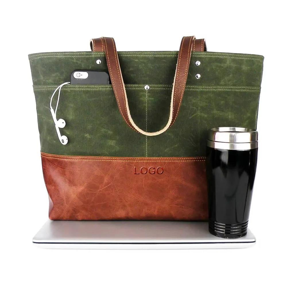Custom Logo Color Extra Large Carryall Shoulder Bag Waxed Canvas Travel Tote Bag Leather Handle Waxed Canvas Tote Bag