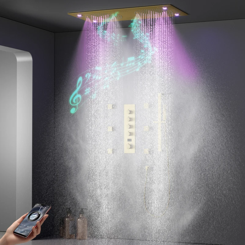 Ceiling Embedded 24.5x12.5Inch LED Rain&Mist Shower Head with Music Speaker Cold and Hot Digital Display Shower Faucet Set