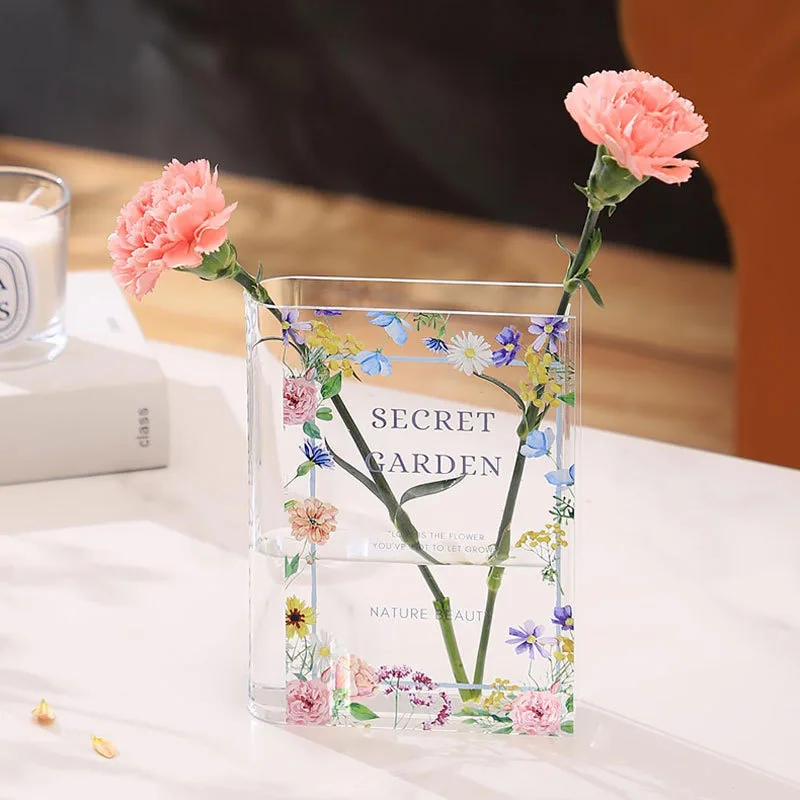 Hot Sale Modern Design Transparent Clear Acrylic Book Vase for Flowers Bookshelf Bookcase Decor for Bedroom Desk for Weddings
