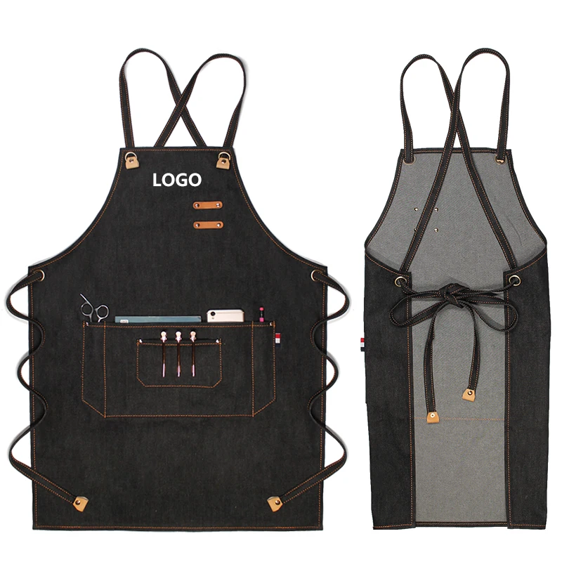 High Quality Black Nail Tech Workshop Garden Apron Cosmetologist Hairdresser Denim Apron