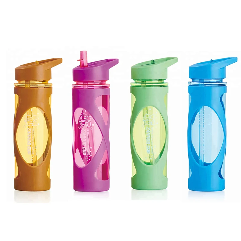 580ml Silicone Sleeve Flip Top Plastic Straw Bottle Sports Drink bottle