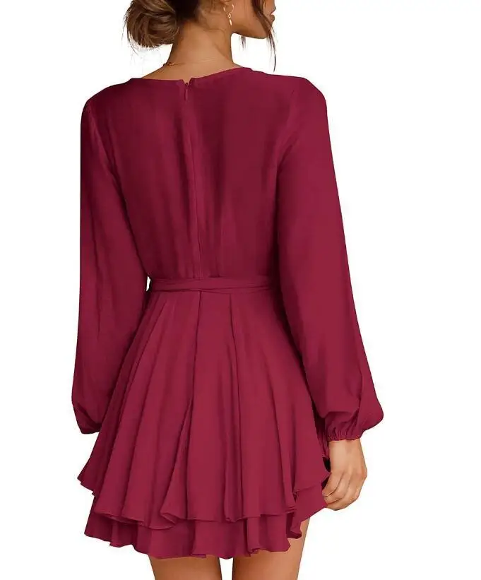 2022 Amzaon Hot Selling Summer Women Long Sleeve  Dress Casual Party Evening V Neck Waist Tie Ruffle Mini Swing Skater Dresses