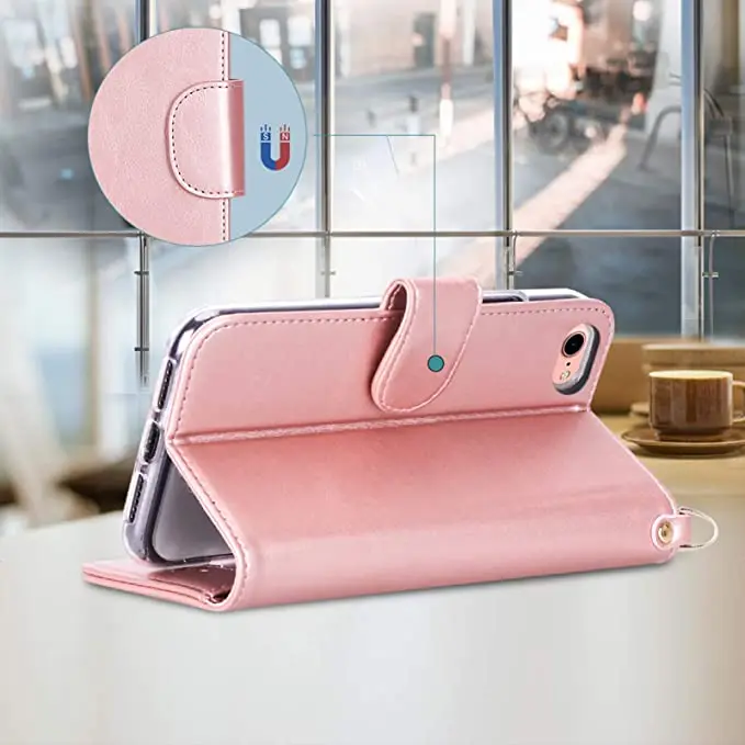 Luxury PU Leather Wallet Phone Case with Card Holder Flip Kickstand Cover Rose Gold Designed for iPhone SE Case 2022