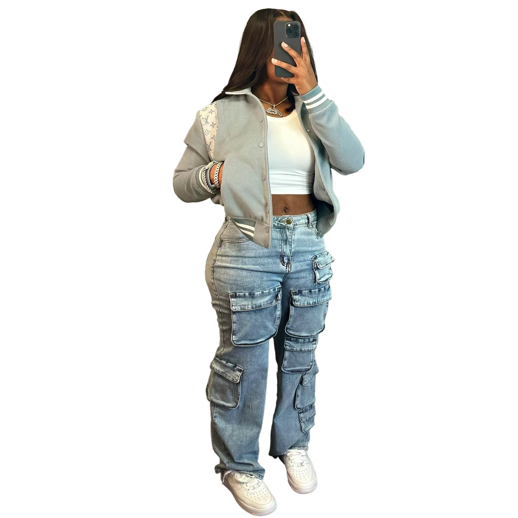 New denim workwear pants elastic multi bag pants casual straight leg denim pants