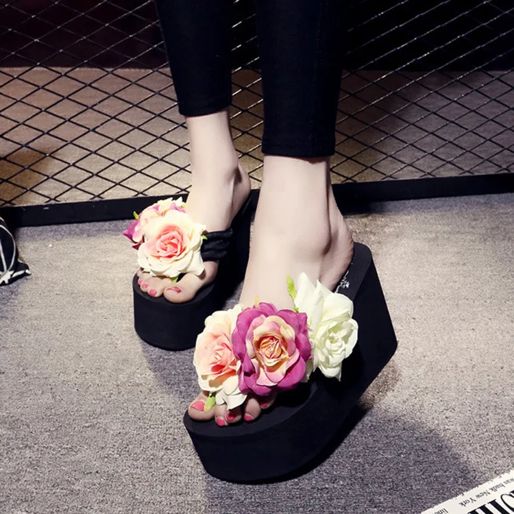 hot sale Women flower slippers beautiful flat high heel slipper summer sandals for ladies