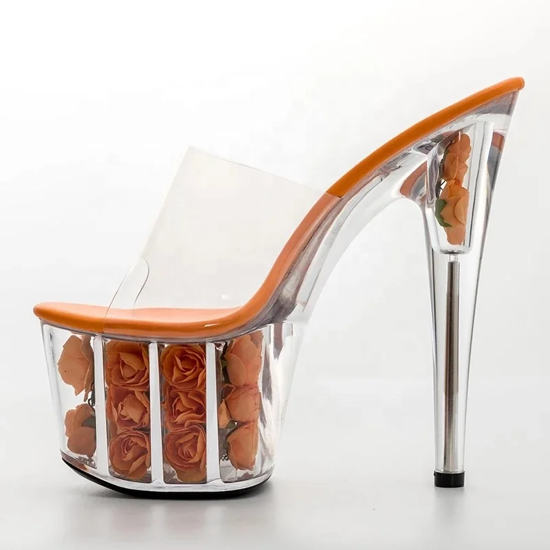 about 7 inch transparent heel slide sandals sexy Rose Crystal Love 17 cm super high heels platform high heels nightclub