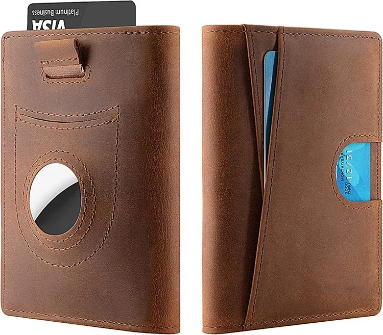 Genuine Leather Minimalist Bifold Wallet with GPS Tracker Credit Card Holder RFID Blocking Slim Men Wallet