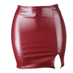 Women Leather Bandage High Waist Party Pencil Short Mini Skirt Ladies Womens  Solid Sexy Slit Skirts