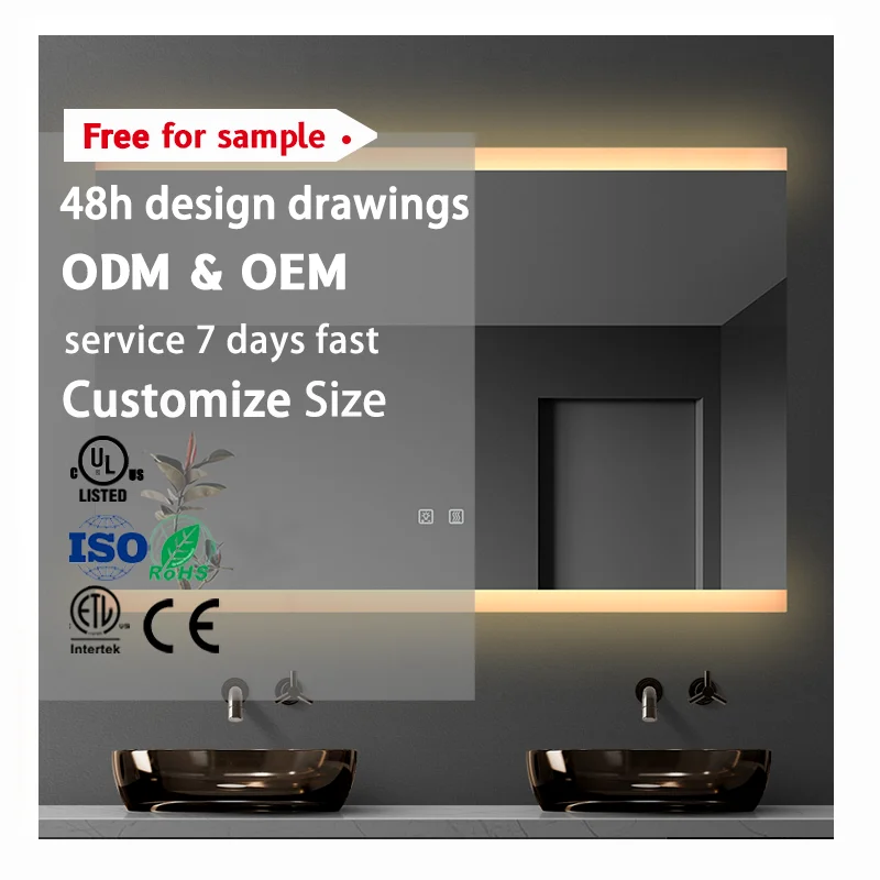 Rectangle illuminated magnifying anti-fog wall mounted sensor switch led hotel mirror