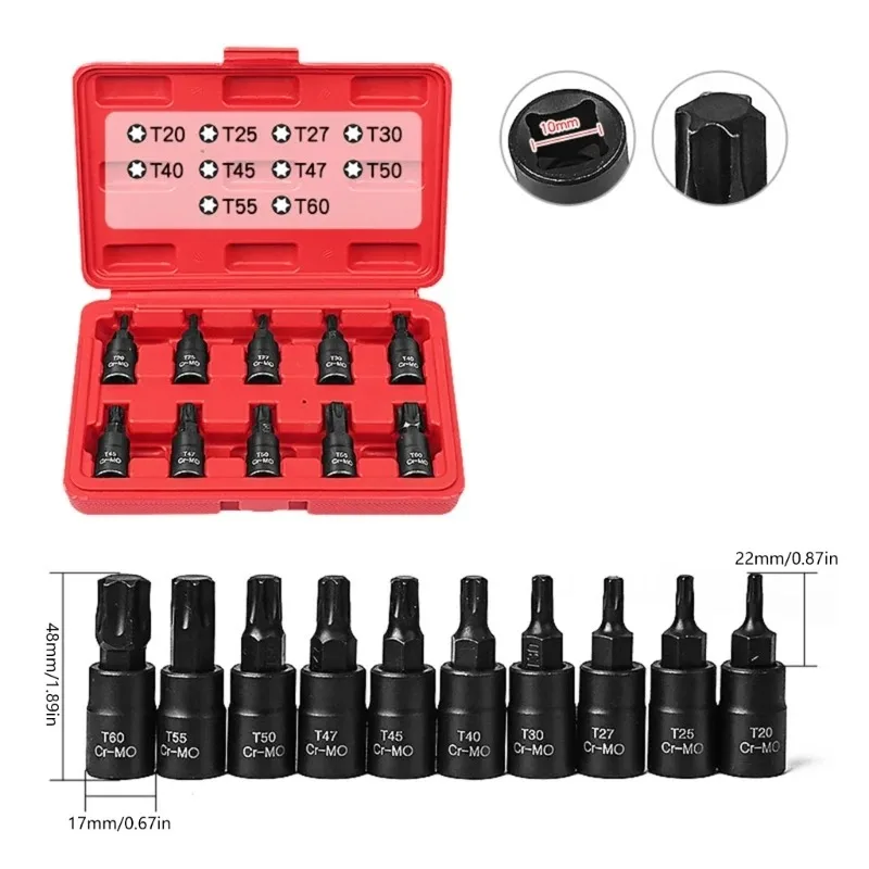 High-Quality Manual Maintenance Tools 10pc Cr- Mo 3/8' Drive T20-T60 Torx Bit Socket Nuts Set