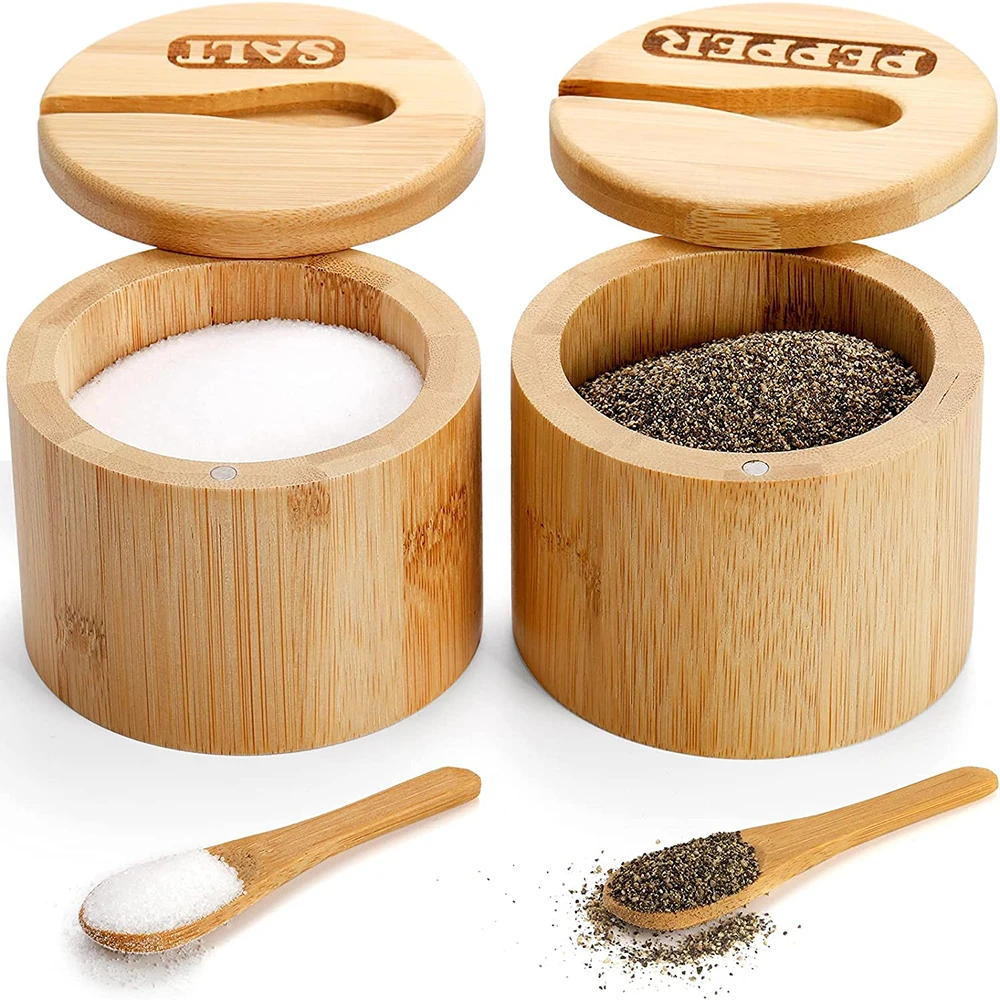 2 Pack Bamboo Salt and Pepper Bowls Round Salt Container with Magnetic Swivel Lid and Spoons Bamboo Seasoning Storage Holder Box