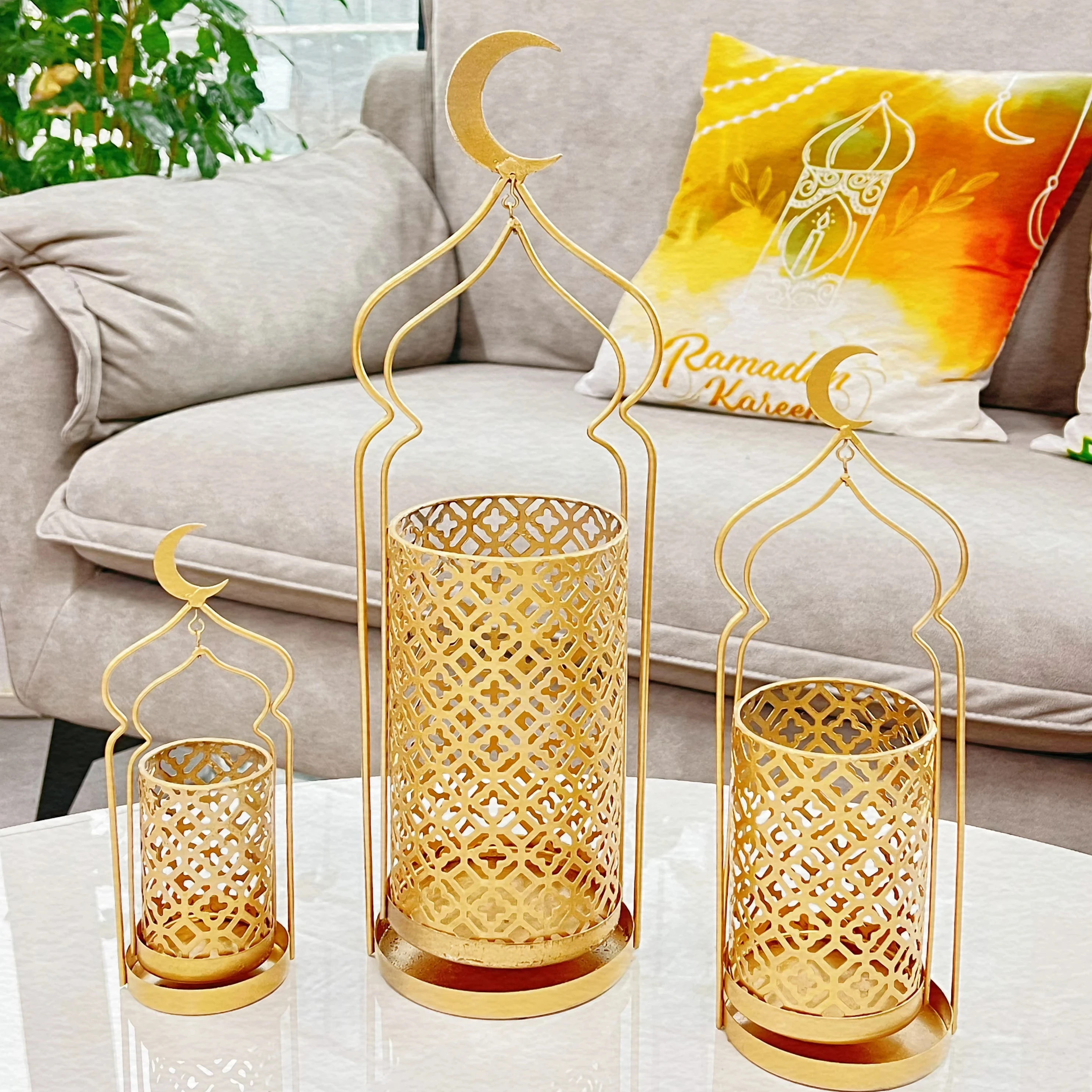 Set of 3, Masjid Ramadan Mubarak Eid Decoration Gold Metal Candle Pillar Holder Lantern for Home Decoration