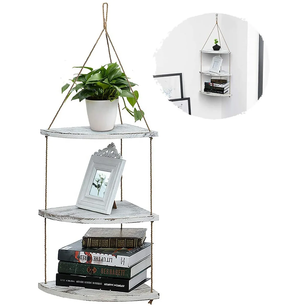 3 Tier Hanging Shelves Swing Storage Shelves,Rustic Wood Wall Shelves with Handmade Woven Hanger,Rope Floating Shelf for Photo F