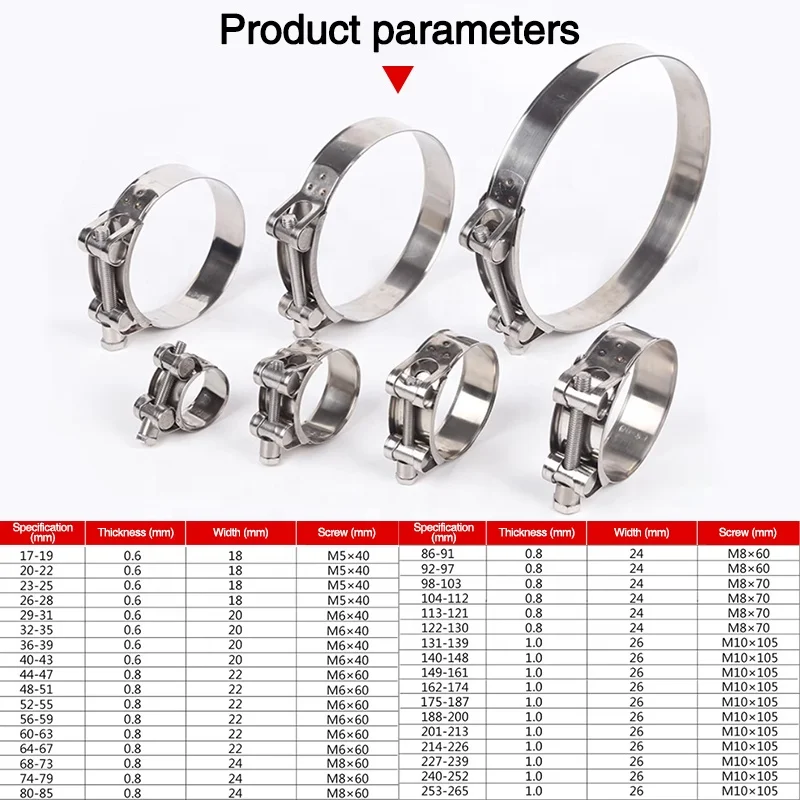 T-bolt hose clamps heavy duty european type turbo exhaust pipe water pump single t bolt hose clamps stainless for car