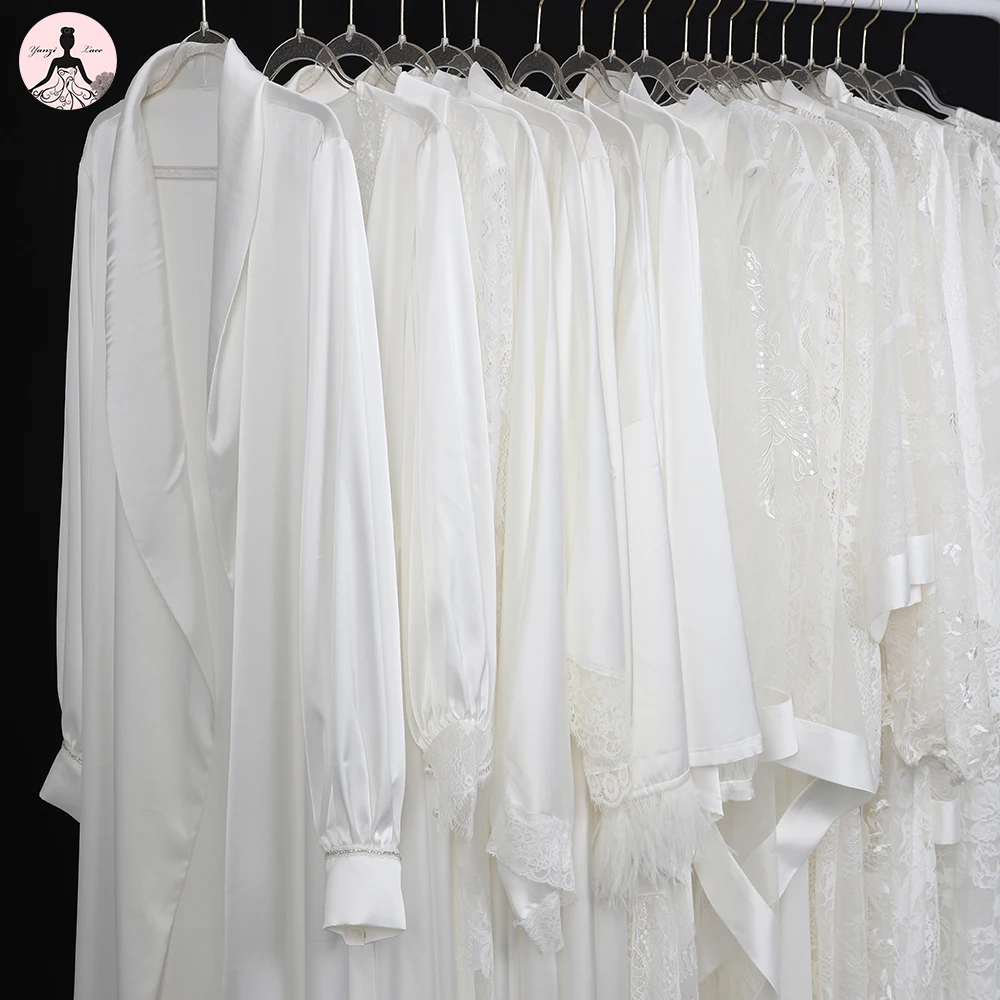 Yanzi wholesale sexy lace bridal robe white robe de mariage sleepwear dressing gown bathrobe women nightdress bridesmaid robes