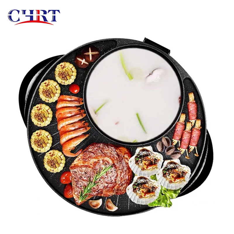 CHRT electric griddle Korean Cute 2 in 1 Vertical Indoor Smokeless Flat Dual Pan Hot Pot Grill Plate BBQ Oven Electric Grills