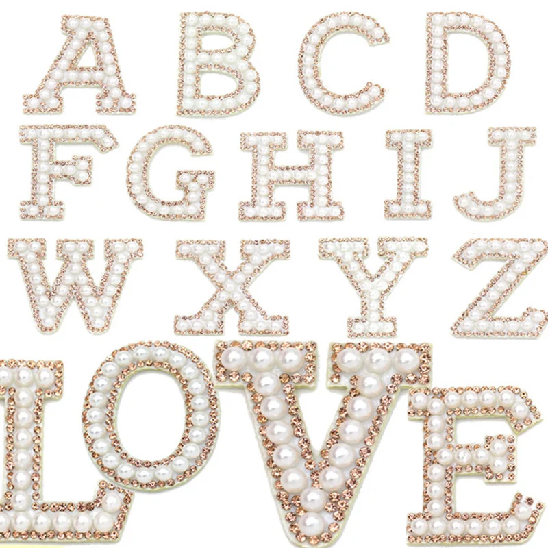 26pcs Colorful Diy Clothes Bags Accessories Alphabet Sparkle 3d Hotfix A-z Rhinestone Beads Pearl Letter Iron On Patches