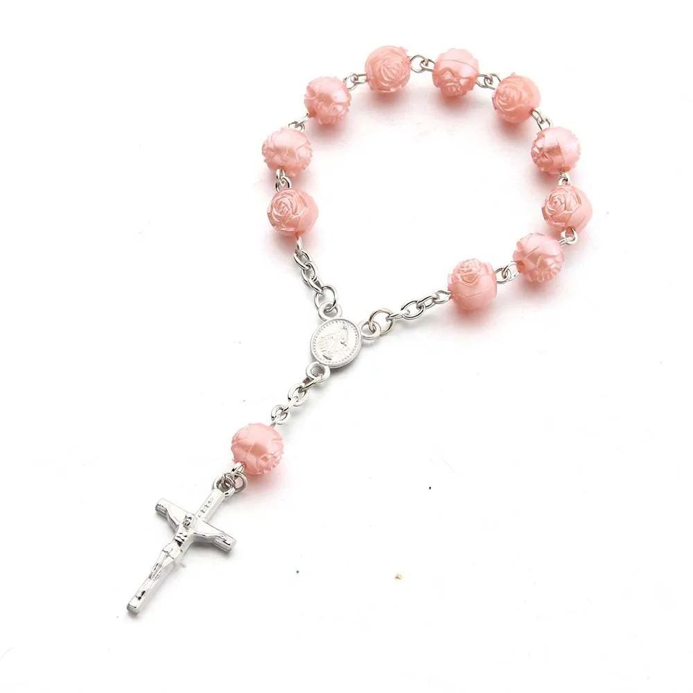 JOYFFO Mini Rosary Beads Love Cross Finger Chain Baby Glass Pearl Baptismal Communion Gift Fashion Bracelets & Bangles