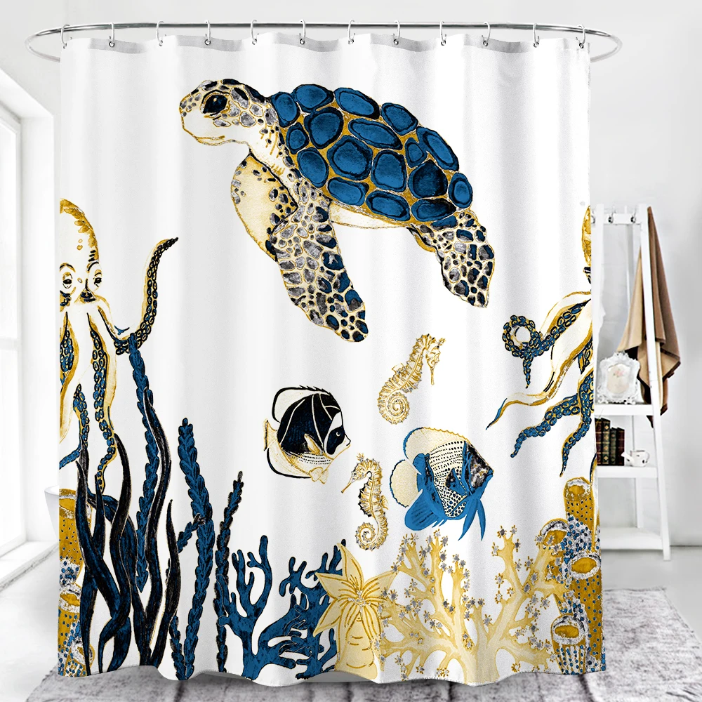 Turtle Sea Horse Dolphin Print Shower Curtain Set Bathroom Bathing Screen Anti-slip Toilet Lid Cover Carpet Rugs Home Decor