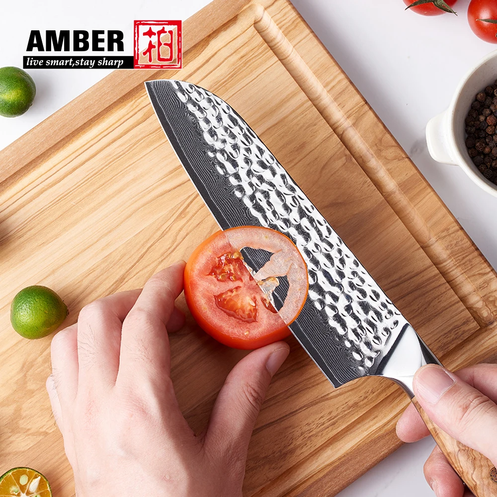 Ультра острый молоток кухонный нож из дамасской стали натуральный santoku с оливковой ручкой