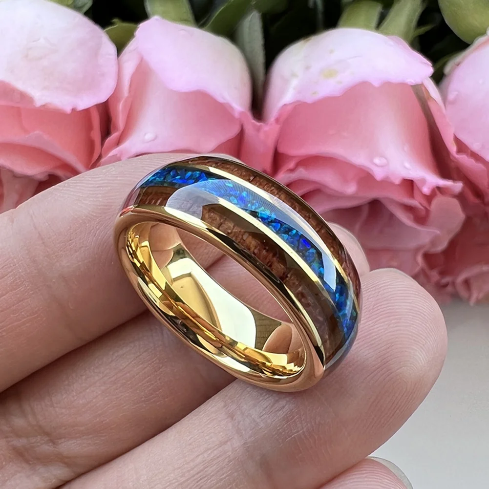 Coolstyle Jewelry 8mm Blue Opal Koa Wood Inlay Gold Tungsten Carbide Ring for Men Women Fashion Wedding Band Comfort Fit