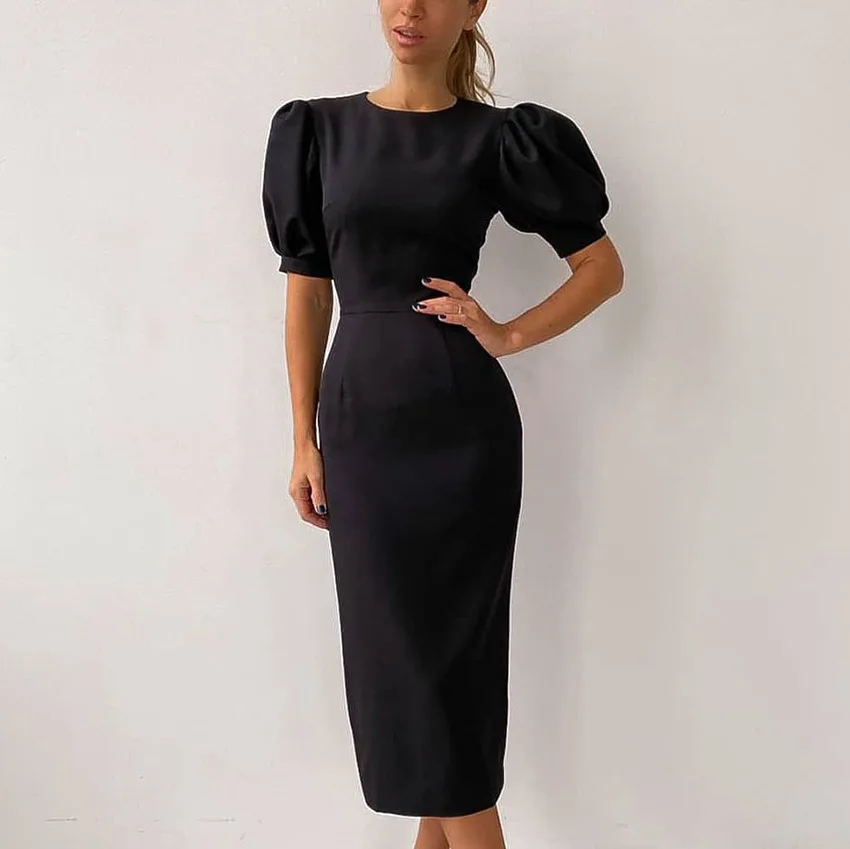 2023 Summer new style women clothing elegant dresses bubble sleeve round neck tight waist fit ladies dress
