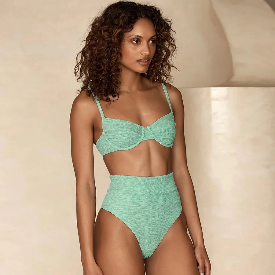 2024 New Design Womens Bath Suit Design Swimsuit Solid Color Custom High-Waisted Bikini Set Swimwear