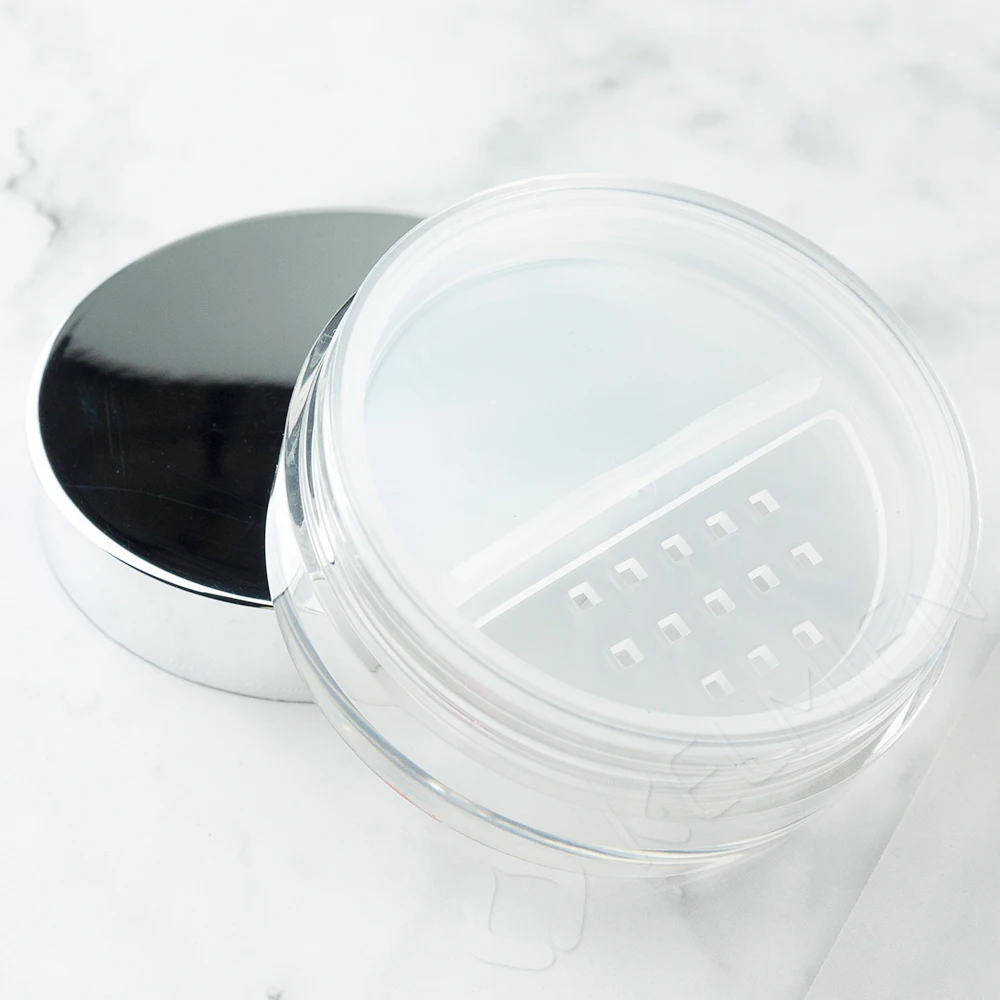 Private label round empty crystal loose powder case with rotating sifter plastic white compact powder jar container with sifter