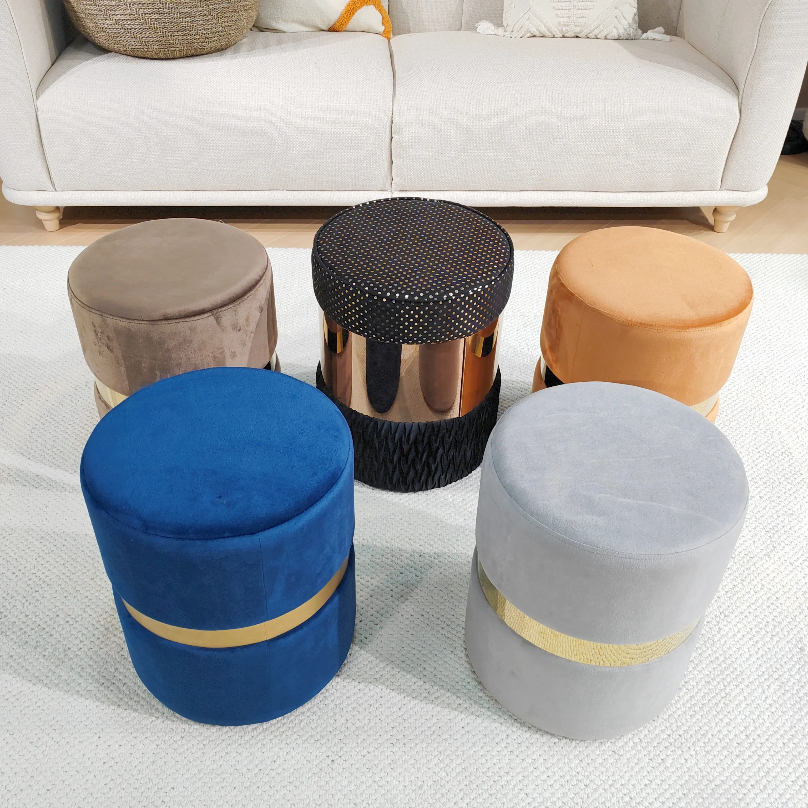 Bailey Custom Modern Nordic Velvet Footstool Stool Round Ottoman Pouf Golden Metal Circle Pouf Ottoman