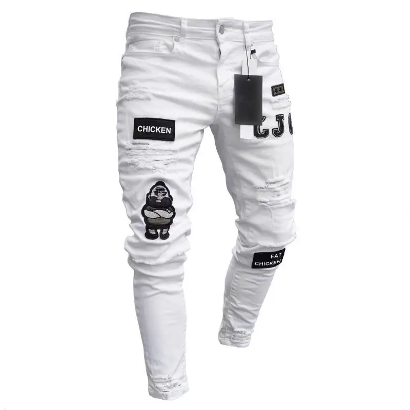 
Mens Hip-hop Stretch Slim-fit Ripped Hole Pencil Pants Washed Embroidered Jeans 