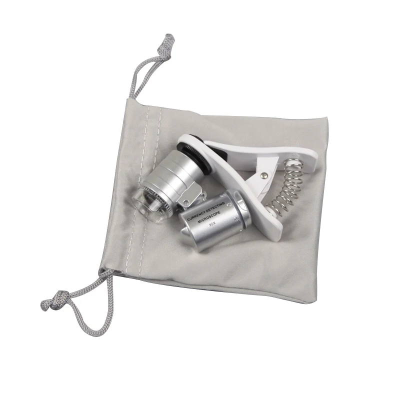 Увеличительное стекло с клипсой, портативный карманный микроскоп из АБС-пластика и акрила, со светодиодной подсветкой, 60X, для мобильного телефона