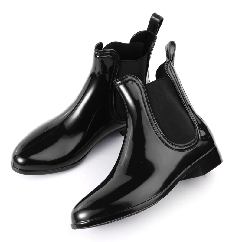 Модные резиновые сапоги на низком каблуке, Нескользящие ботильоны челси, Женская водонепроницаемая обувь