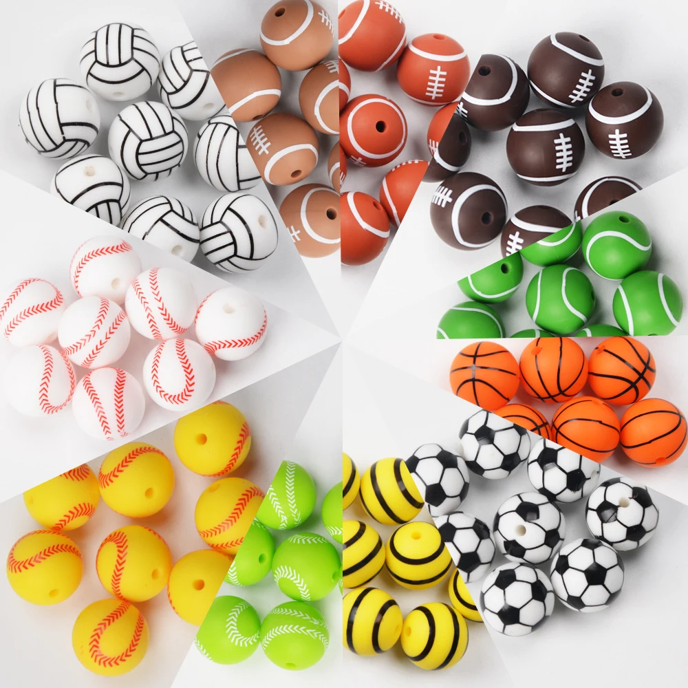 New In Stocks Sports Series 15mm Round Silicone Beads Baseball Volleyball Soccer Rugby Tennis Basketball Printed Silicon Beads