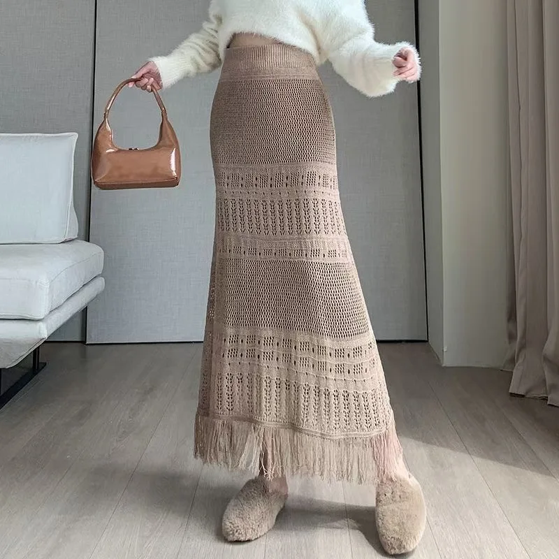 Women 2024 Autumn New Chic Fashion Fringe knitting Skirt Hollow Wool A-line Skirt Long Skirt
